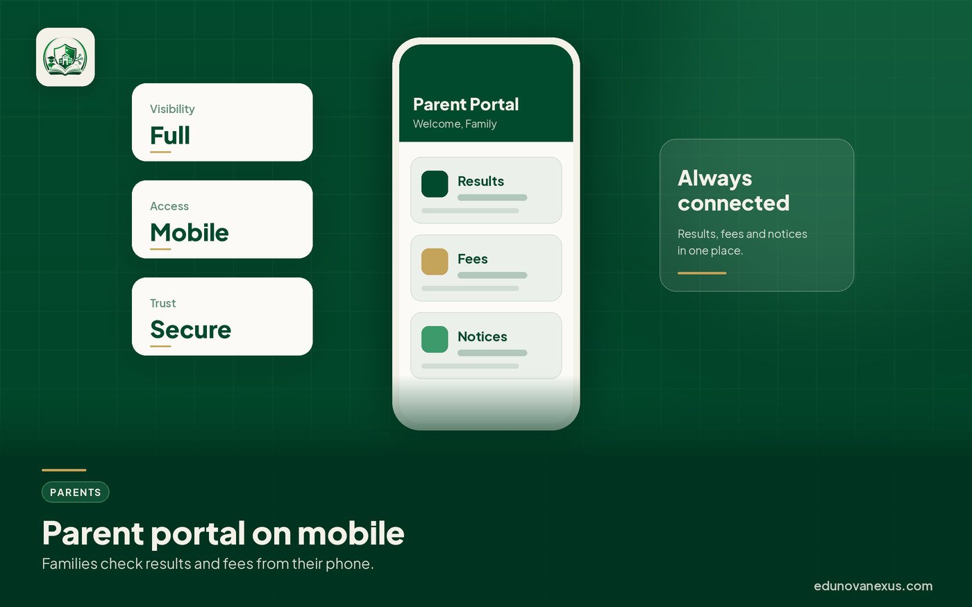 Parent portal on mobile - EduNova Nexus System